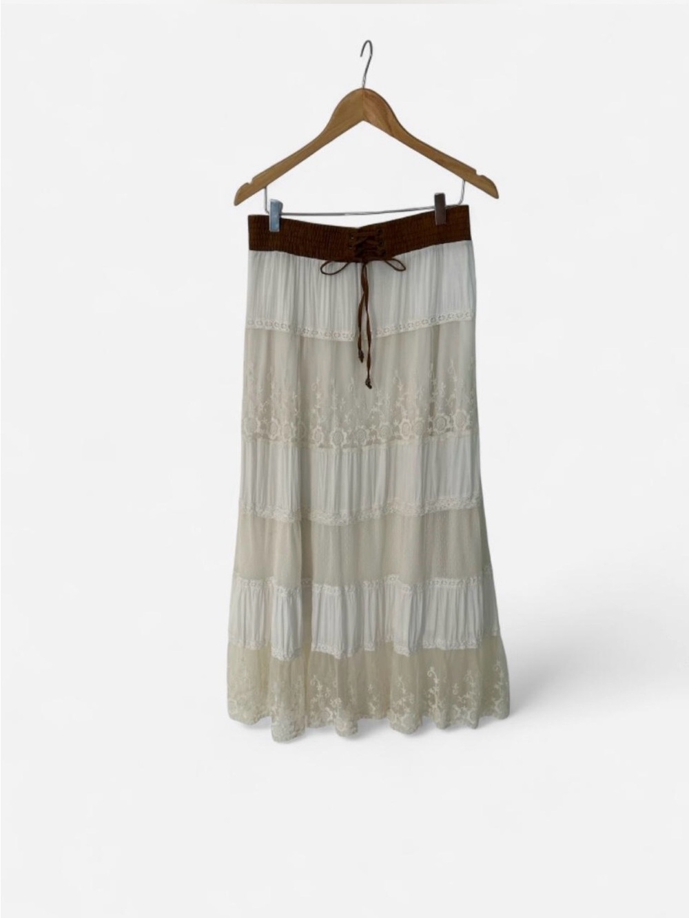 White Boho Lace Maxi Skirt Patchwork Crochet Prairie Western Suede Tie Front Lg